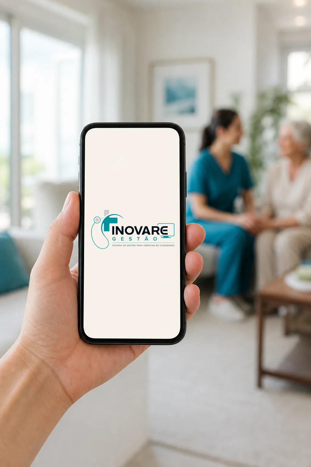Celular exibindo o aplicativo Inovare Gestão durante um atendimento